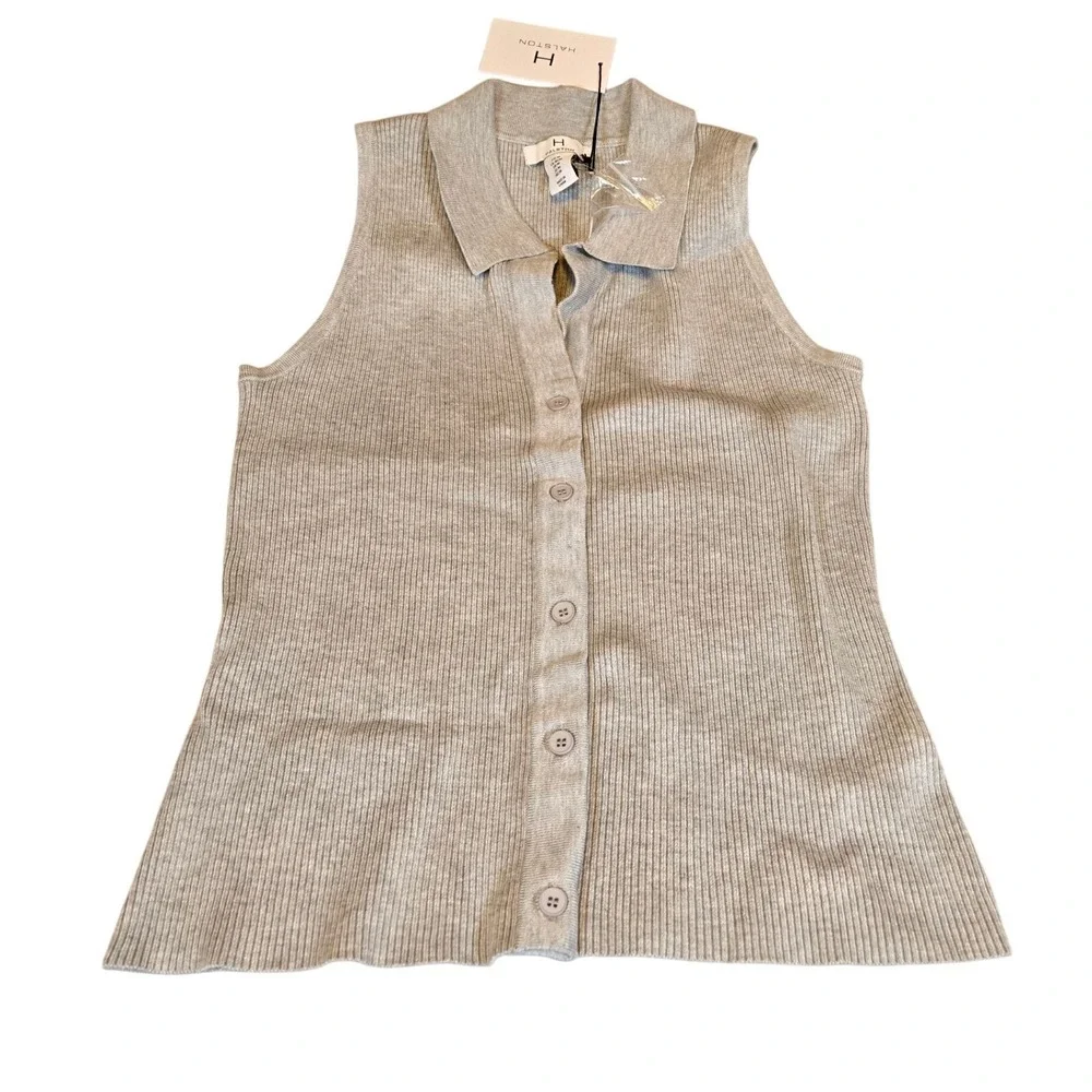 NWT‎  Halston Sleeveless Ribbed Knit Top Collared Button Front Tank Vest Medium - Picture 2 of 5